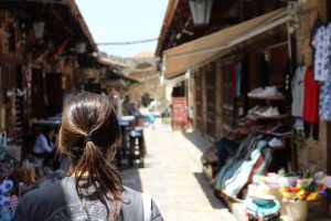 Missionary walking through the market streets in Byblos, Lebanon