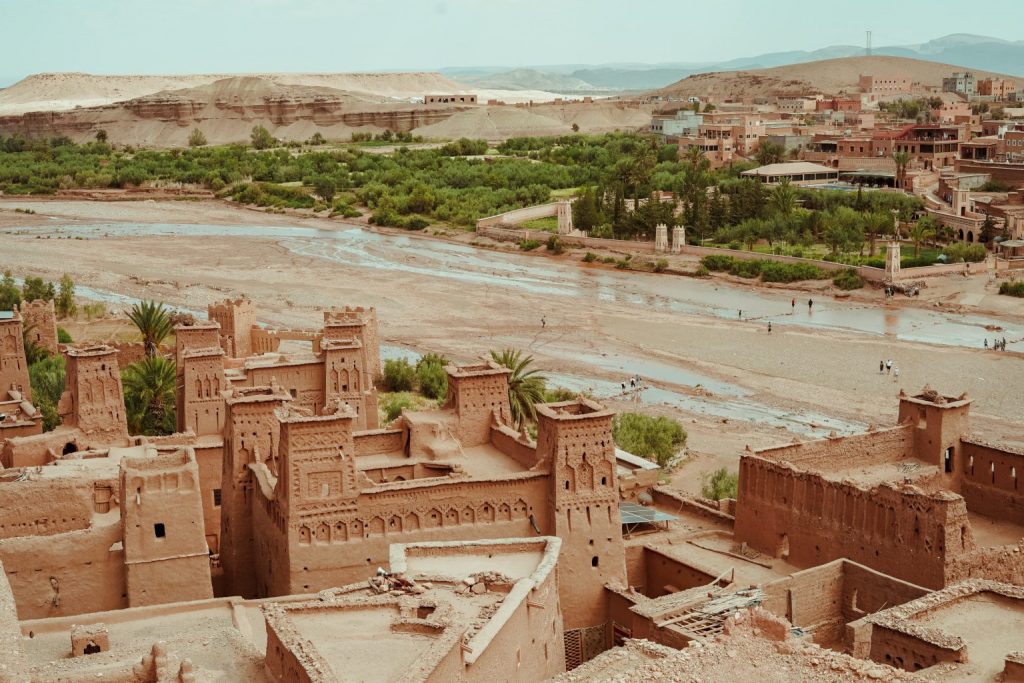 Aerial view of traditionally built houses and buildings in Morocco