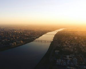 Aerial view of river and bridge in Sudan